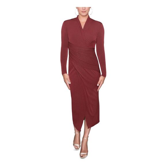 RACHEL RACHEL ROY Womens Red Fitted Waist Long Sleeve Faux Wrap Dress XS - Picture 1 of 2